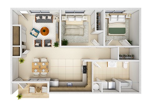 Floor plan for 2 beds, 1 bath, 869 sqft